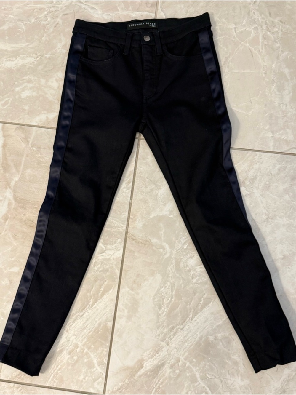 Veronica Beard Black Skinny Jeans with Navy Satin Side Stripes